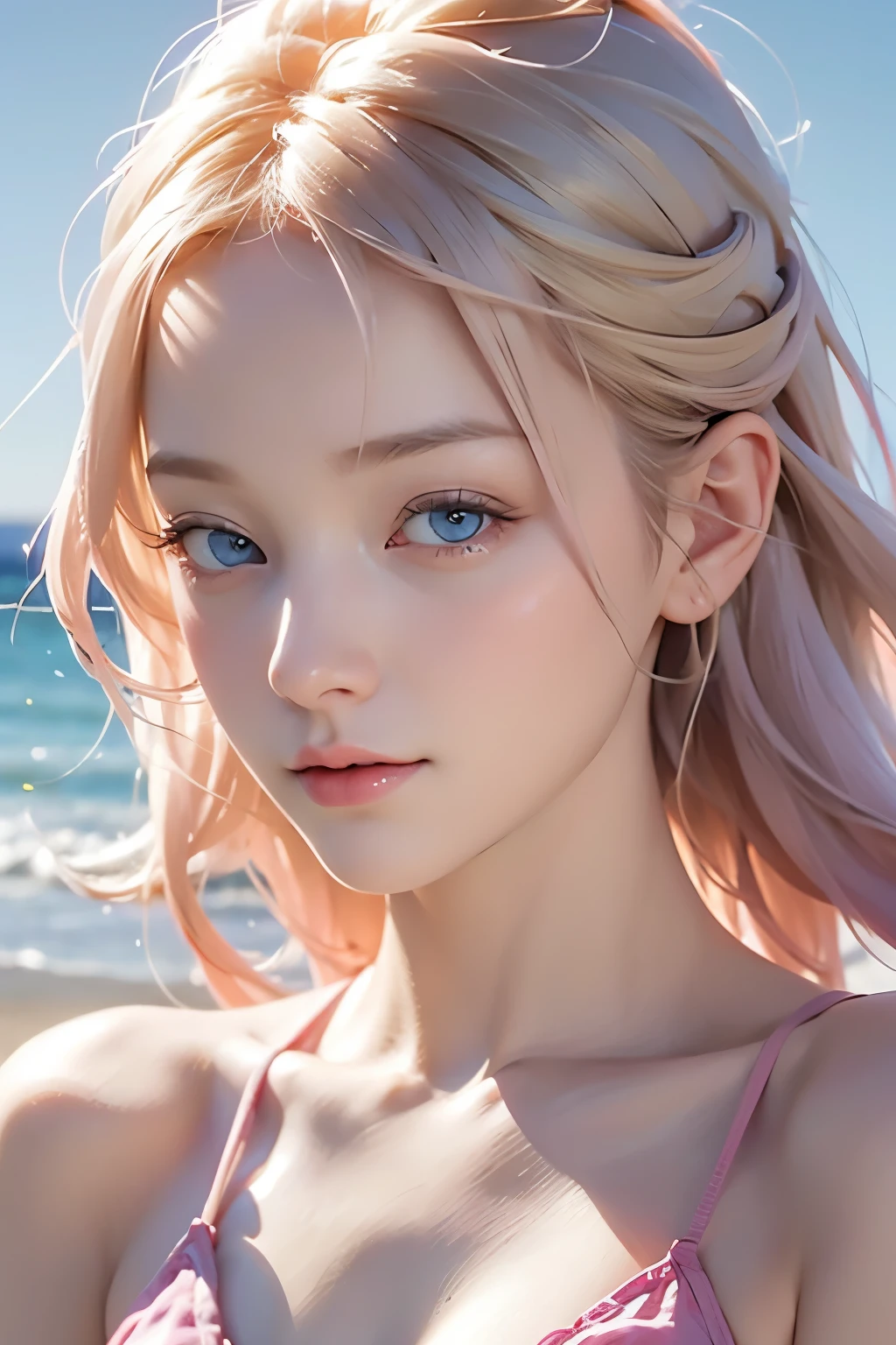 Very beautiful, masterpiece, sexy blonde, pink hair, blue eyes, expressive eyes, detailed skin, realistic skin texture, detailed eyes, pink tiny bikini, on the beach