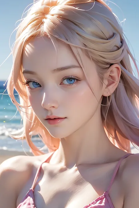 Very beautiful, masterpiece, sexy blonde, pink hair, blue eyes, expressive eyes, detailed skin, realistic skin texture, detailed...
