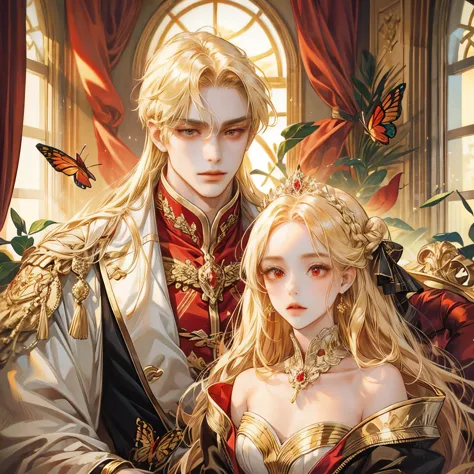 The girl with golden hair, red eyes, wearing noble clothes, beautiful, elegant, sharp gaze, surrounded by red butterflies 