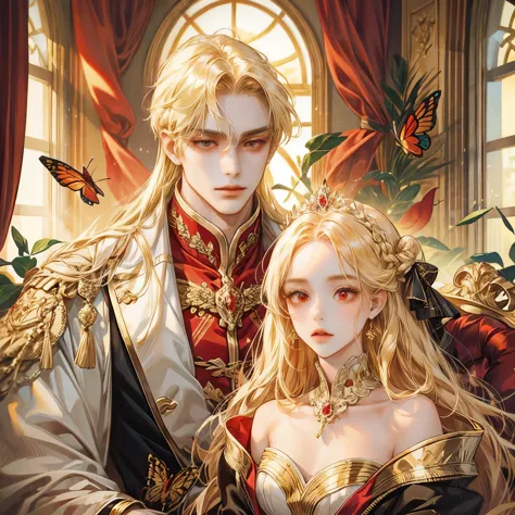 the girl with golden hair, red eyes, wearing noble clothes, beautiful, elegant, sharp gaze, surrounded by red butterflies