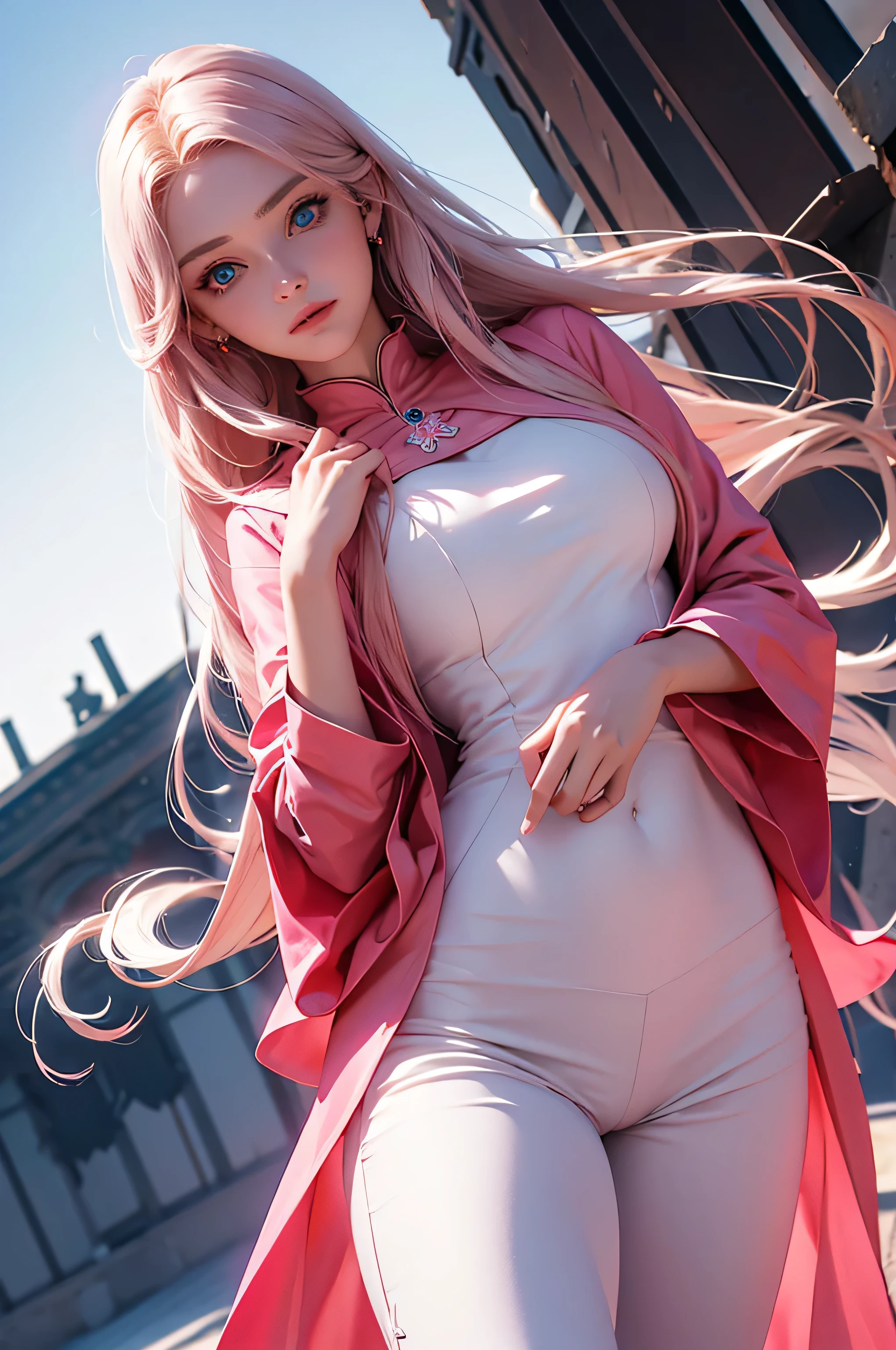 linda garota de anime realista russa em terno salwar rosa escuro e branco, terno de plano simples, terno de tapete, médio, Lindos olhos azuis, médio figure, Postura diferente, 4K, Qualidade HD, planejar terno vermelho
