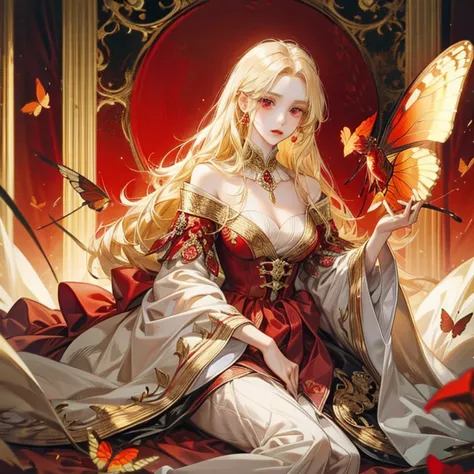 A single girl with golden hair, red eyes, wearing noble clothes, beautiful, elegant, beautiful red, surrounded by red butterflie...