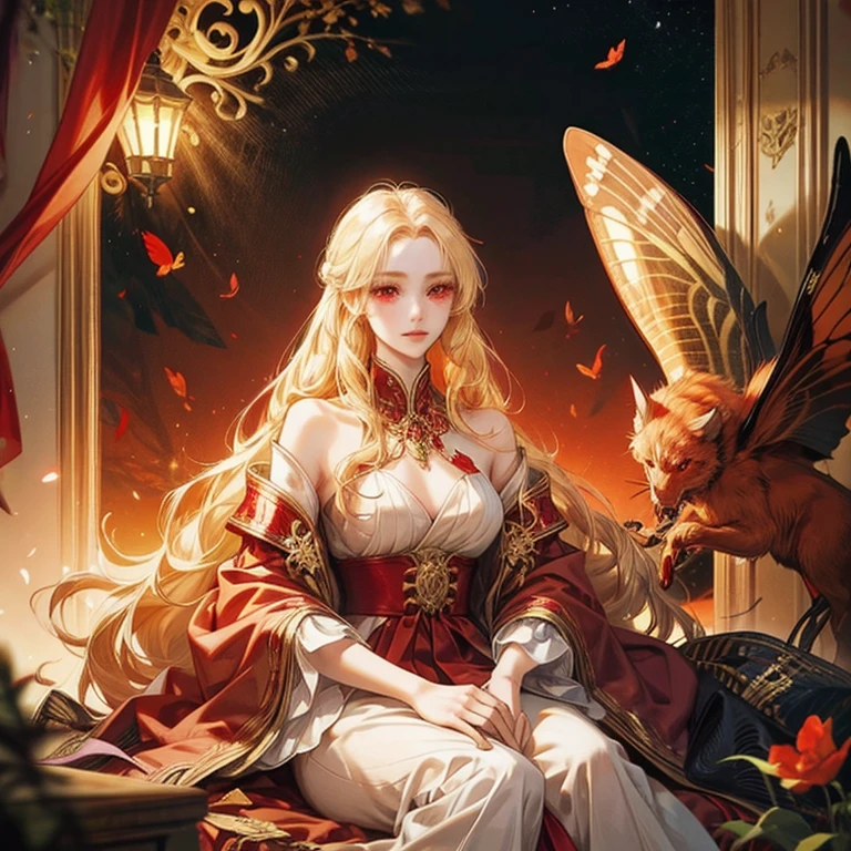 A single  girl with golden hair, red eyes, wearing noble clothes, beautiful, elegant, beautiful red eyes, beautiful long hair, surrounded by red butterflies 