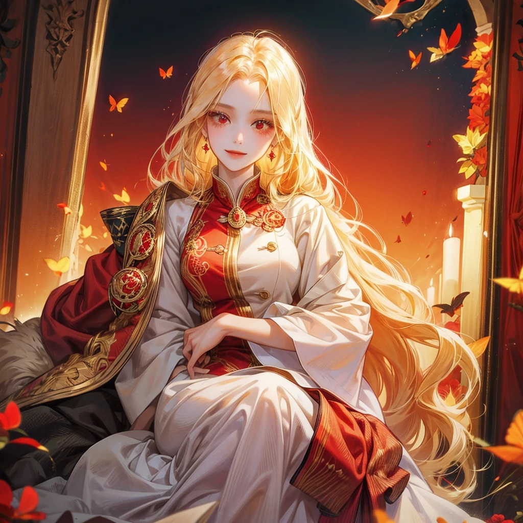 single  girl with golden hair, red eyes, wearing noble clothes, beautiful, elegant, beautiful red eyes, beautiful long hair, smiled, surrounded by red butterflies 