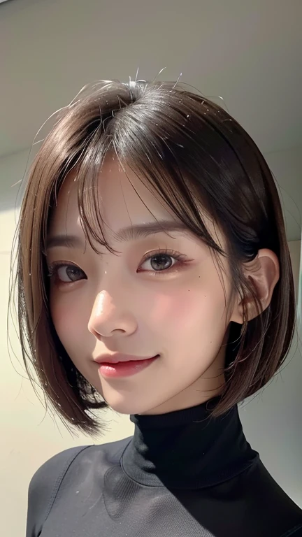 (((Close-up of face)))、(((Absolutely shoulder-length brown straight short bob)))、(((She is posing like a hair salon model, with a black wall indoors as the background.)))、(((Casual black winter long sleeves with shoulders covered)))、Half Japanese, half Korean、18 year old girl、Standing Alone、Looking forward、Light eye makeup、Brown Hair Color、Flat and 、Hair blowing in the wind、Actress Quality、Glossy, ultra-realistic face、Smiling face、Watery eyes、Gazing Up、Subtle lighting effects、 Ultra-Realistic Capture、Very detailed、High resolution 16K close up of human skin。Skin texture must be natural、The details must be such that pores can be clearly seen、The skin is healthy、Uniform tone、Use natural light and colors、A worn-out, high-quality photo taken by a model agency&#39;s in-house photographer.、smile、(((SIGMA 300 mm F/1.4,1/1000 sec shutter,ISO 400)))
