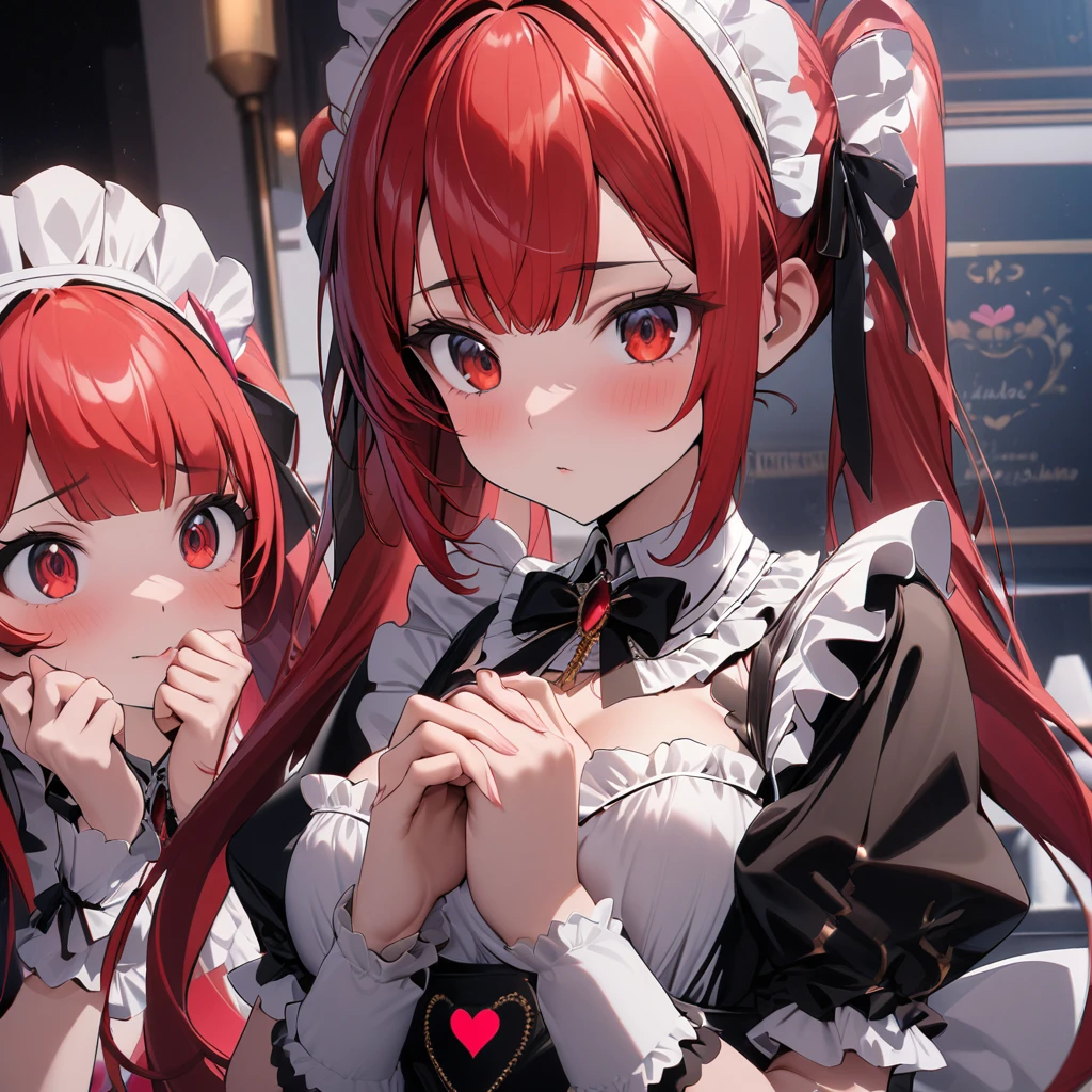 High quality, high definition, hig
h precision images,8k 2girl Robot Girl、red hair,Twin tails,Red eyes.(robot style red and white barrette)、colorful maid Cafe, ((White and red luxurious frilled maid outfit,))Two people make a Flawless heart mark with their hands,Close-up