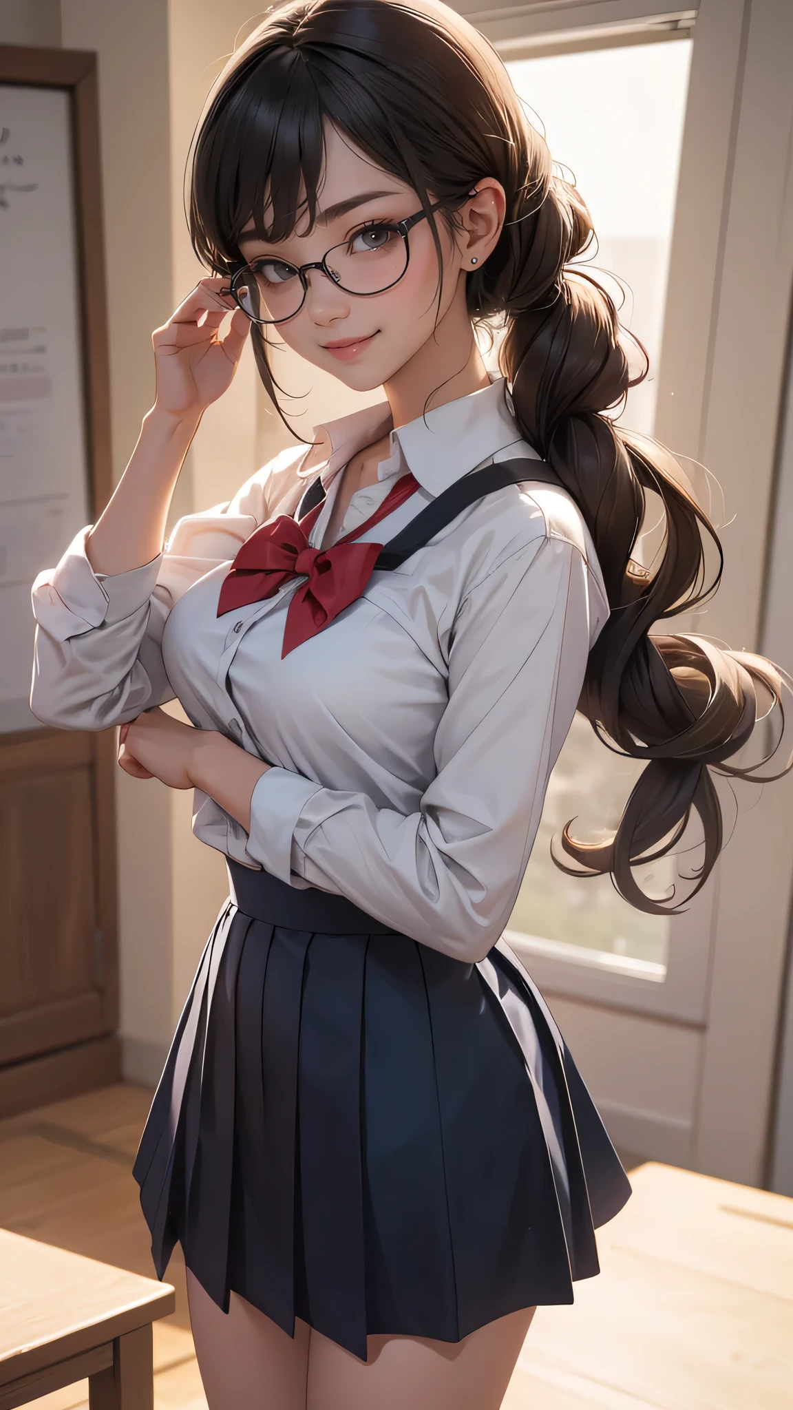 looking at viewer,high school girl,leaning forward,(random school uniform),(random Lively pose),(Thin type),(large breasts:1.2),(random hairstyle:1.2),(Highest image quality, (8K), Ultra-realistic, Best Quality, High quality, High Definition, high quality texture, high detailing, Beautiful detailed, fine detailed, extremely details CG, Detailed texture, realistic representation of face, masterpiece, presence),(wearing glasses:1.1)