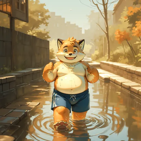 new jersey 5 furry，fox，portrait,exquisite，chubby，orange plush fur，cute face，child，topless，shorts，riverside，cobblestone，playing i...