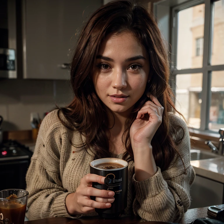 closeup, portrait, LeannaDecker, ((wearing sweater)), inside, portrait, kitchen, holding coffee mug, winter fire, eyes open, best quality, upper body, by lee jeffries nikon d850 film stock photograph 4 kodak 400 camera f1.6 lens rich colors hyper realistic lifelike texture natural lighting unreal engine trending on artstation cinestill 800, (100mm lens), long hair,, red hair