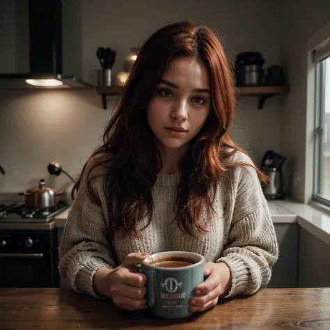 closeup, portrait, LeannaDecker, ((wearing sweater)), inside, portrait, kitchen, holding coffee mug, winter fire, eyes open, bes...