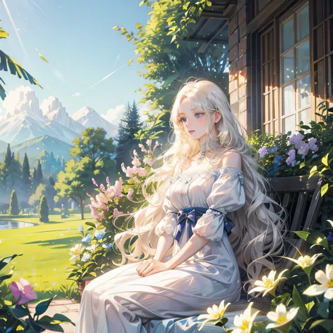 A woman with white long wavy hair, and blue sky eyes sitting in garden full of flower alone