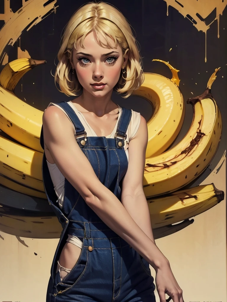 {{{highest quality}}}, {{Very detailed}}, {{Very delicate and beautiful}}, (highest quality, In 8K, 32k, )、60s movie posters 、Girl wearing a banana peel、Overalls、Line art、Blonde
