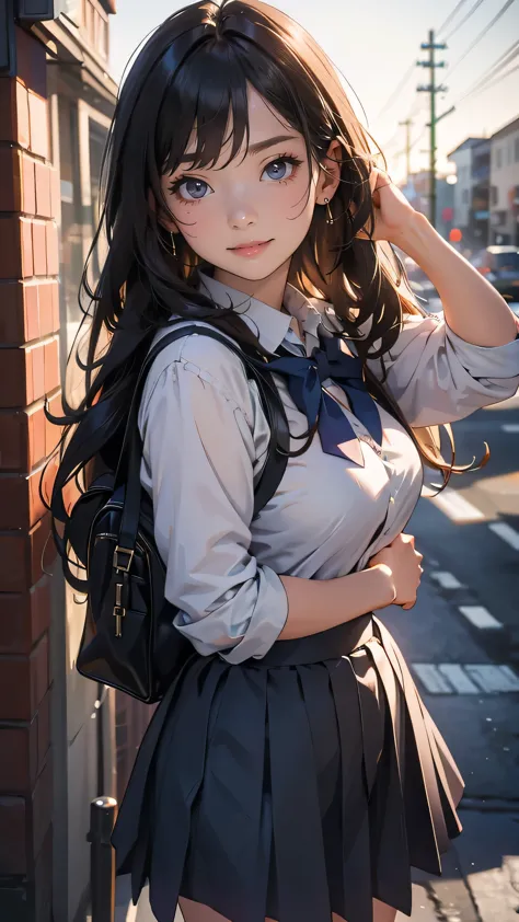 looking at viewer,high school girl,leaning forward,(random school uniform),(random Lively pose),(Thin type),(large breasts:1.2),(random hairstyle:1.2),(Highest image quality, (8K), Ultra-realistic, Best Quality, High quality, High Definition, high quality ...