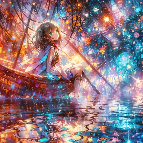 avant-garde watercolor painting of colorful 2d fantasy, waifu cute anime, ethnic girl leaning on boat on clear water ripples, cr...