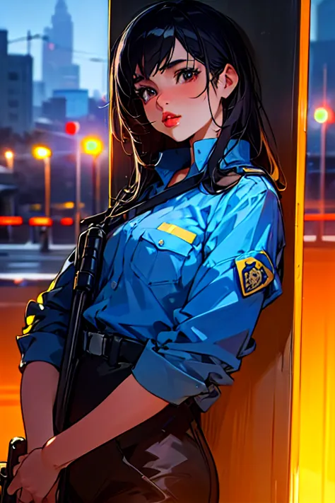 alone, (police uniform, female police officer), stockings, city lights, (looking at the audience: 1.3), release your lips, red l...