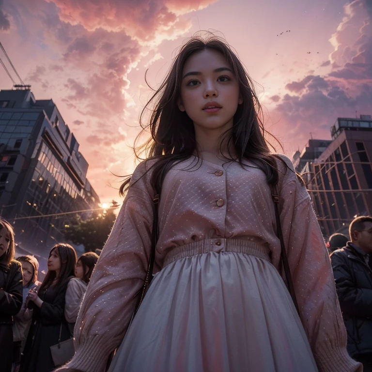 Gruppenfoto vieler Mädchen　Menge　 Menge　　((Bokeh, Genauigkeit:0.85, Sehr detailiert:1.35)), (((von unten))) . Der Hintergrund ist die Innenstadt (Dämmerung:1.4), (((rote Wolken am Himmel:1.3))), { Der Himmel nimmt mehr als ein Drittel der Arbeit ein. | (viele bunte Lichter:1.2) | Linsenreflexion | Verbrennung | mist | (Leuchtende Partikel) | mysteriöser Anblick | Gott&#39;s Strahlen | Blitz }, { unter Fehlschlag | Geölte Elfenbeinhaut | ganzer Körper:1.2 } . (Meisterwerk:1.2) Professionelle analoge Fotografie (Hasselblad), (((geboren々Ultrarealistisch und fotorealistisch mit neuen Akzenten:1.37, Volumetrische Beleuchtung))) , ((Sehr detailiertKAWAII顔のバリエーション)) 