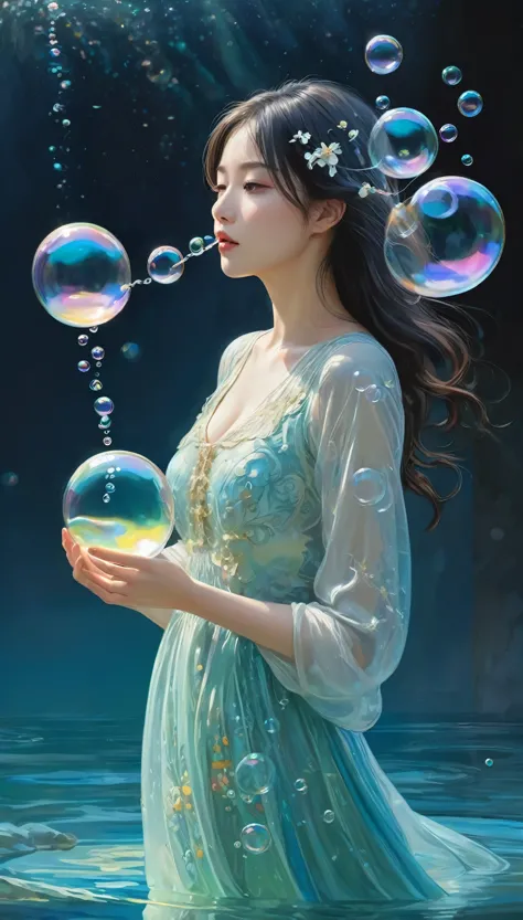 A woman in a mysterious dress、Picture a captivating picture of someone engaging in the playful act of blowing bubbles。The bubble...
