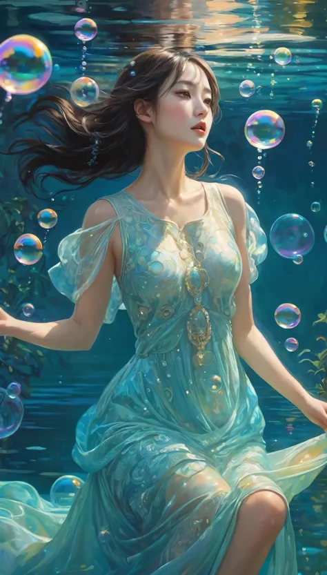 a woman in a mysterious dress、picture a captivating picture of someone engaging in the playful act of blowing bubbles。the bubble...