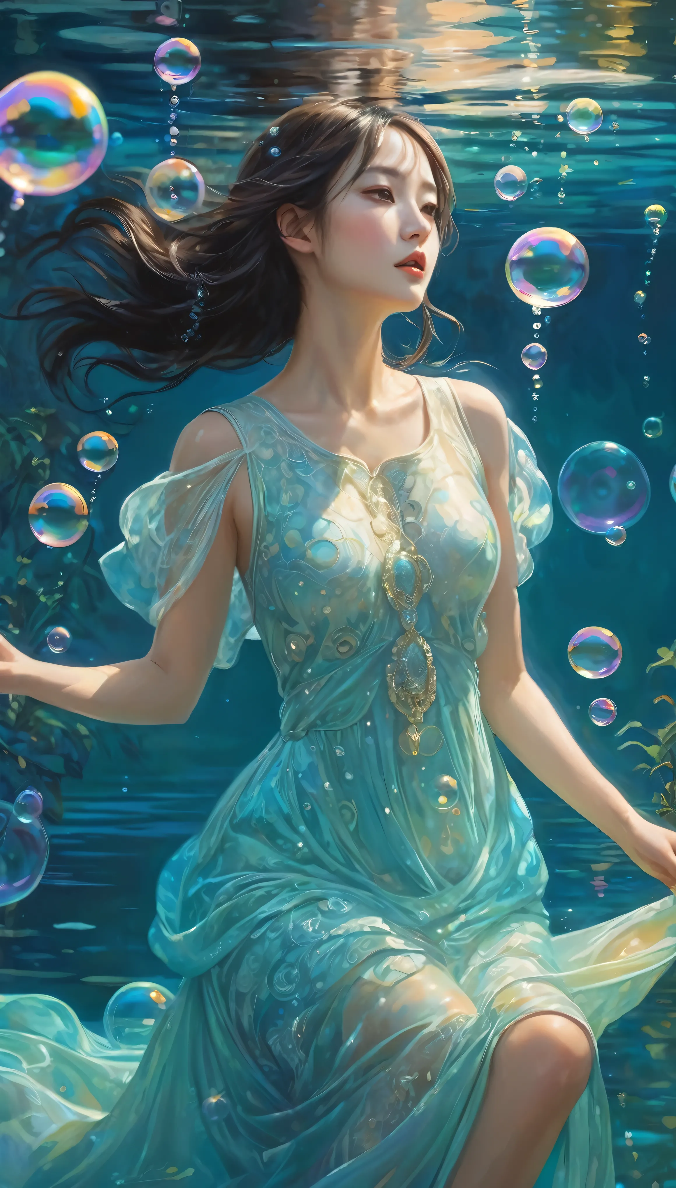 A woman in a mysterious dress、Picture a captivating picture of someone engaging in the playful act of blowing bubbles。The bubble...
