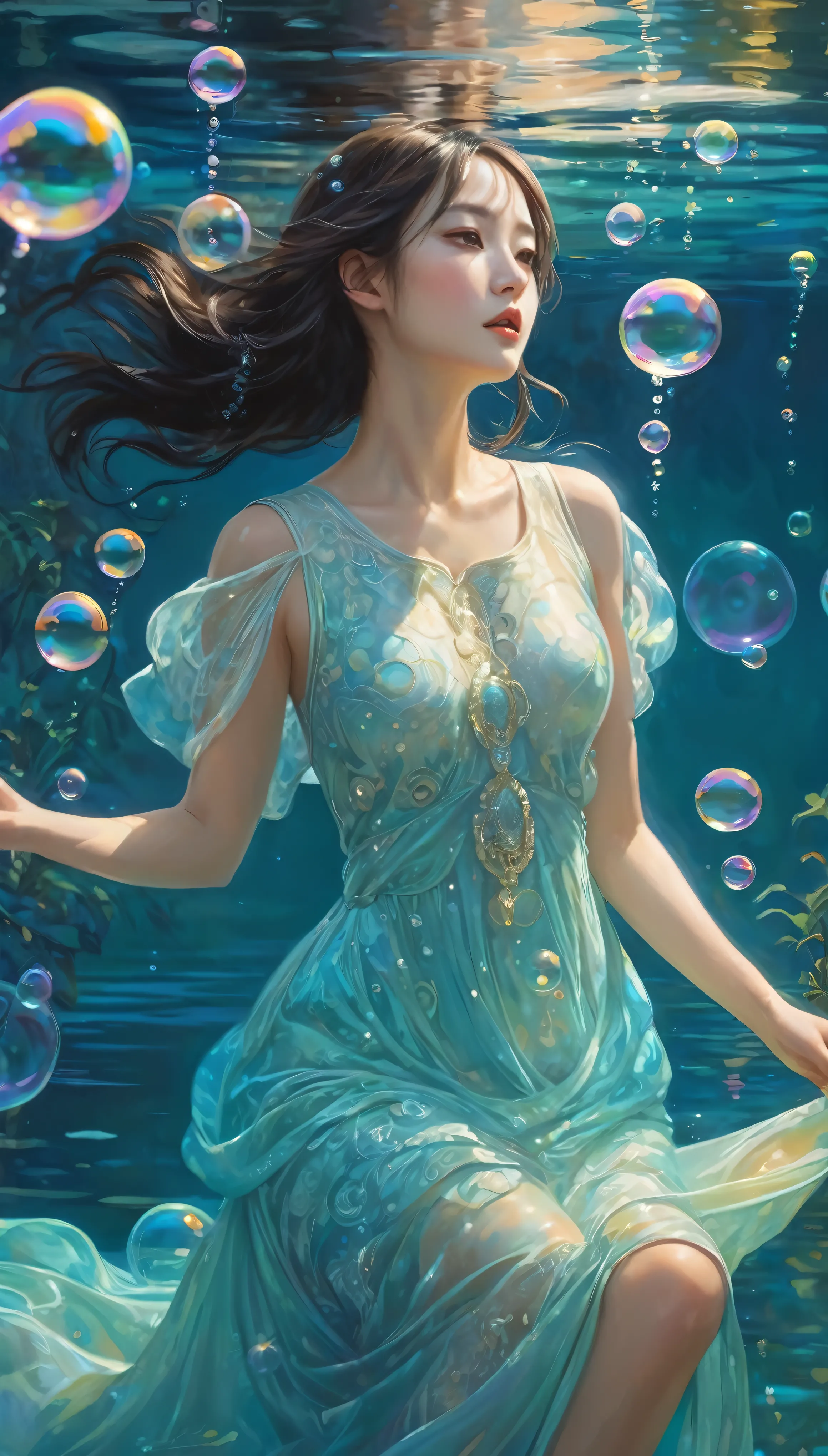 a woman in a mysterious dress、picture a captivating picture of someone engaging in the playful act of blowing bubbles。the bubble...