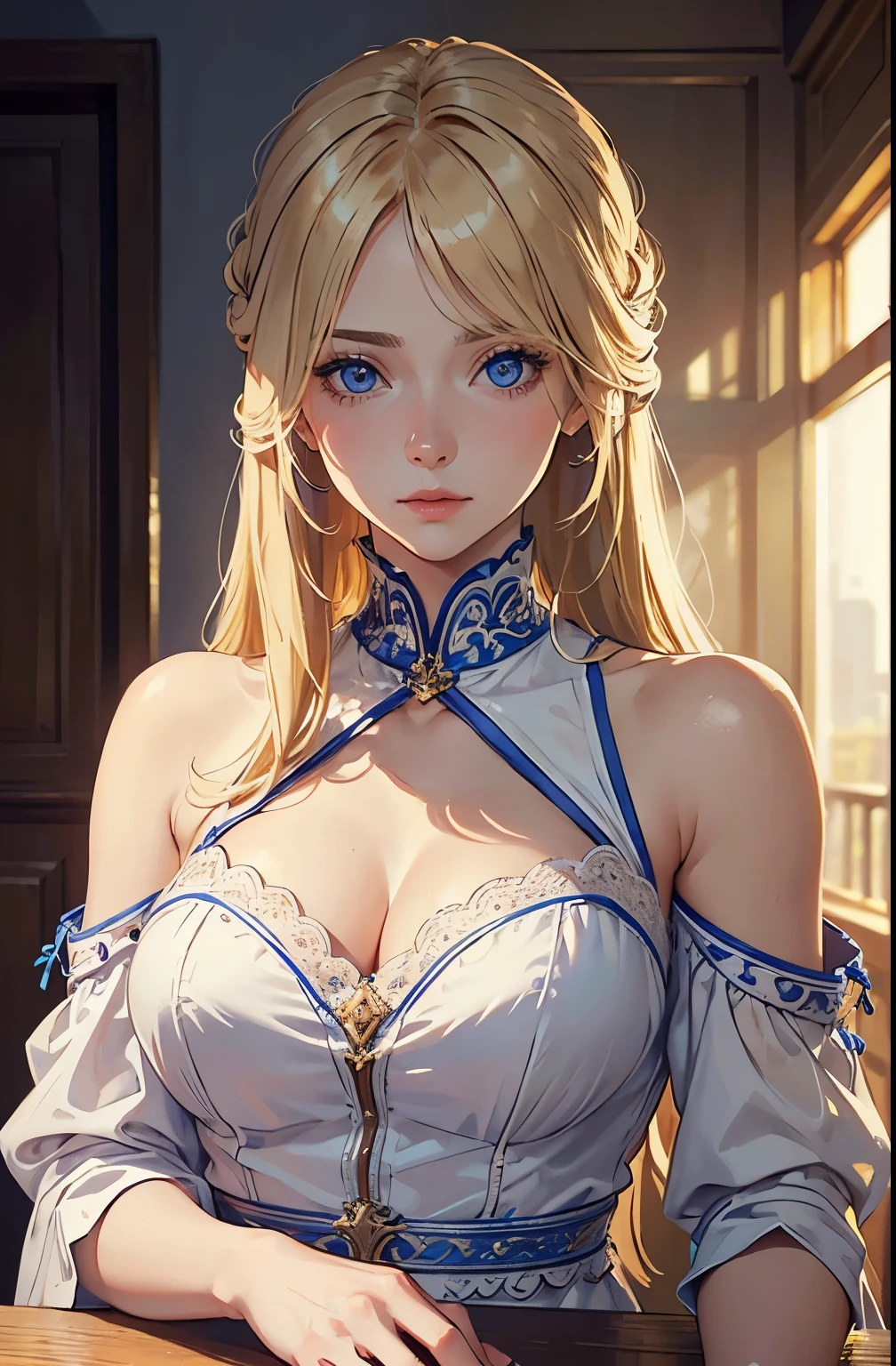 (masterpiece: 1.2, best quality), Practical, (Practical Picture, Intricate details, Depth of Field), best quality, masterpiece, Very detailed, Semi Practical, 1 girl, Mature female, 21 years old, blond, Shoulder-length hair, Left eye covered by hair, blue eyes, King&#39;s Clothes, Red cape, Slim body, A crown made of precious gold, Read the documentation, Tag the file, quill, desk, Soft stool, palace, 在palace殿里, In the Middle Ages