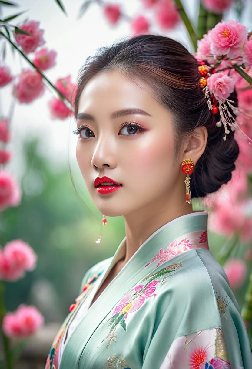 best quality,ultra-detailed,vivid colors,portrait:true nature,Woman's kindness,mystery,mythical creatures,expression,beautiful detailed eyes,beautiful detailed lips,silk-like hair,traditional chinese costume,elegant,harmony,graceful,peaceful garden,serenity,magical atmosphere,soft lighting,nature elements,flowers,bamboo,moon,clouds