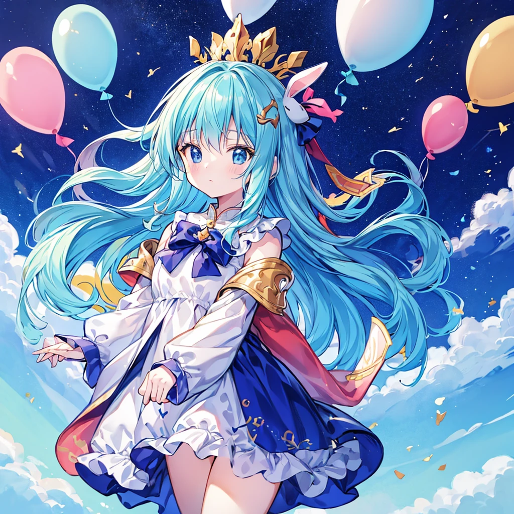 de la máxima calidad、obra maestra、arte oficial、16k、Súper detallado、Super hermosa、Ultra-fine、Pequeño、lindo、Volando en el cielo azul con muchos globos.、Conejo Kigurumi、Un mundo suave y delicado en colores pastel.、animado