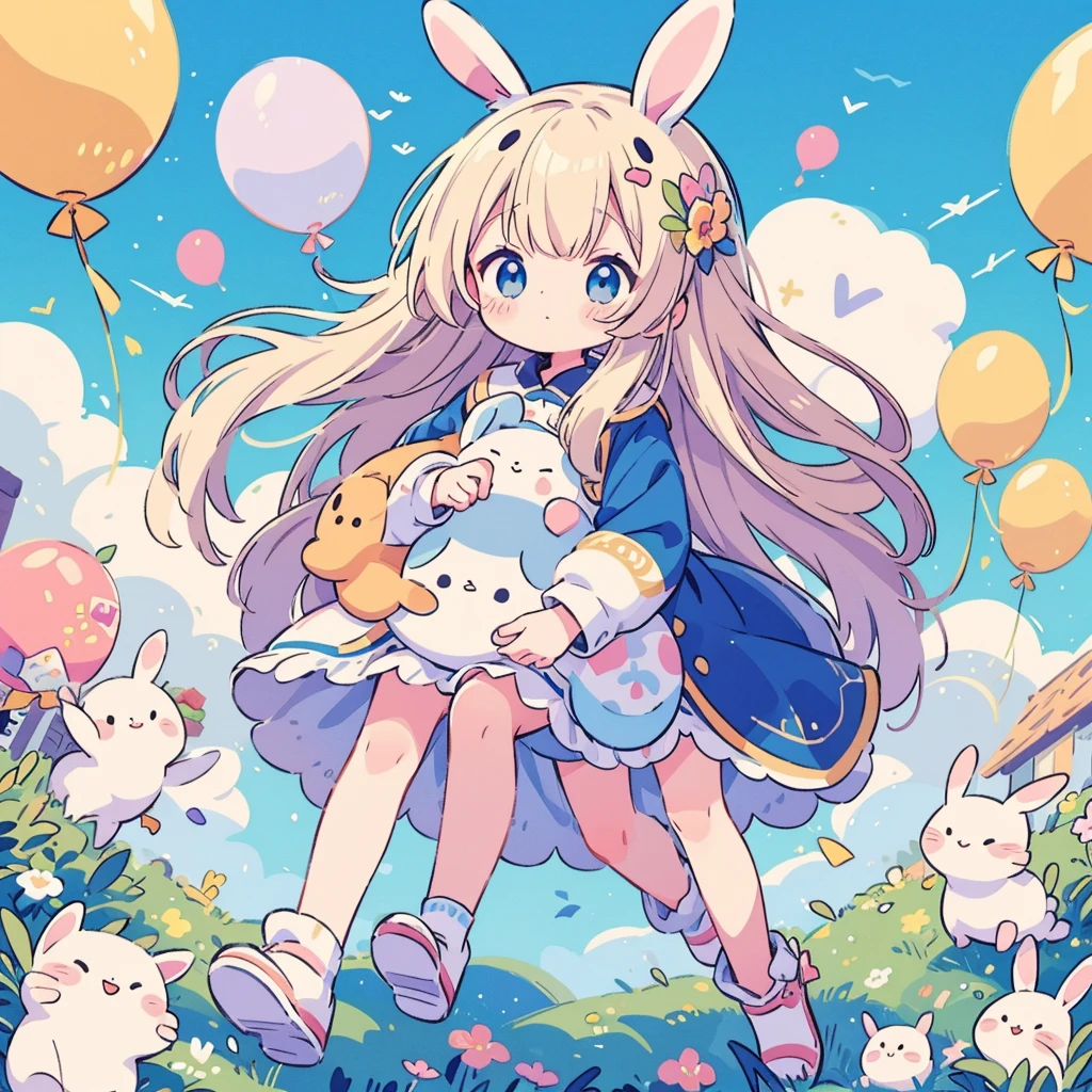 highest quality、Masterpiece、Official Art、16K、Super detailed、super beautiful、Ultra-fine、Little、cute、Flying in the blue sky with lots of balloons、Rabbit Kigurumi、A soft and gentle world in pastel colors、Anime