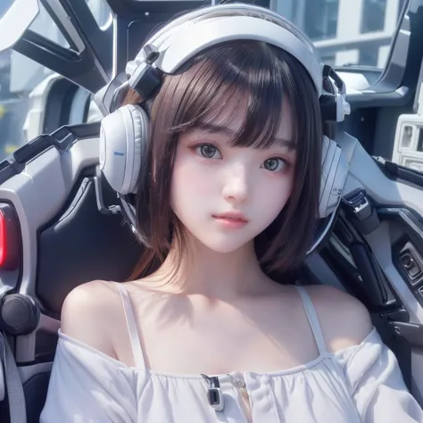 A girl wearing headphones、Sitting in a car with a robot in the back, Perfect android girl, A mix of robots and organics, Cute Cy...