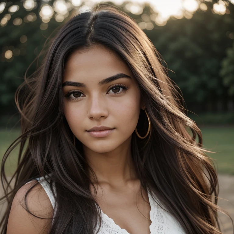 Um retrato fotorrealista de uma garota colombiana de 21 anos com longos, cabelos escuros esvoaçantes e olhos escuros marcantes. Ela deveria ter uma natureza, expressão acessível e ser iluminado por suaves, luz solar da hora dourada. O fundo deve ser um cenário pitoresco ao ar livre, talvez um parque ou praia ensolarado. Capture esta imagem com uma fotografia de alta resolução usando uma lente de 85 mm para uma perspectiva lisonjeira.