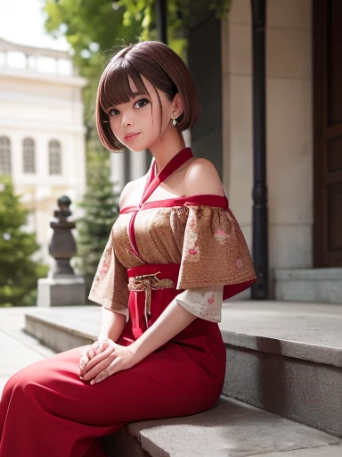 （Masterpiece、Ultra-detailed、8k、Realistic）、Short hair with bangs、Brown Hair、Off-the-shoulder red mini hanbok、Sitting on stone steps、Looking at the camera、（Medium chest: 1.2, Small waist）、(Real Photo, Rich details, Depth of written boundary), (1 girl, alone), （perfect face shape:1.4), 