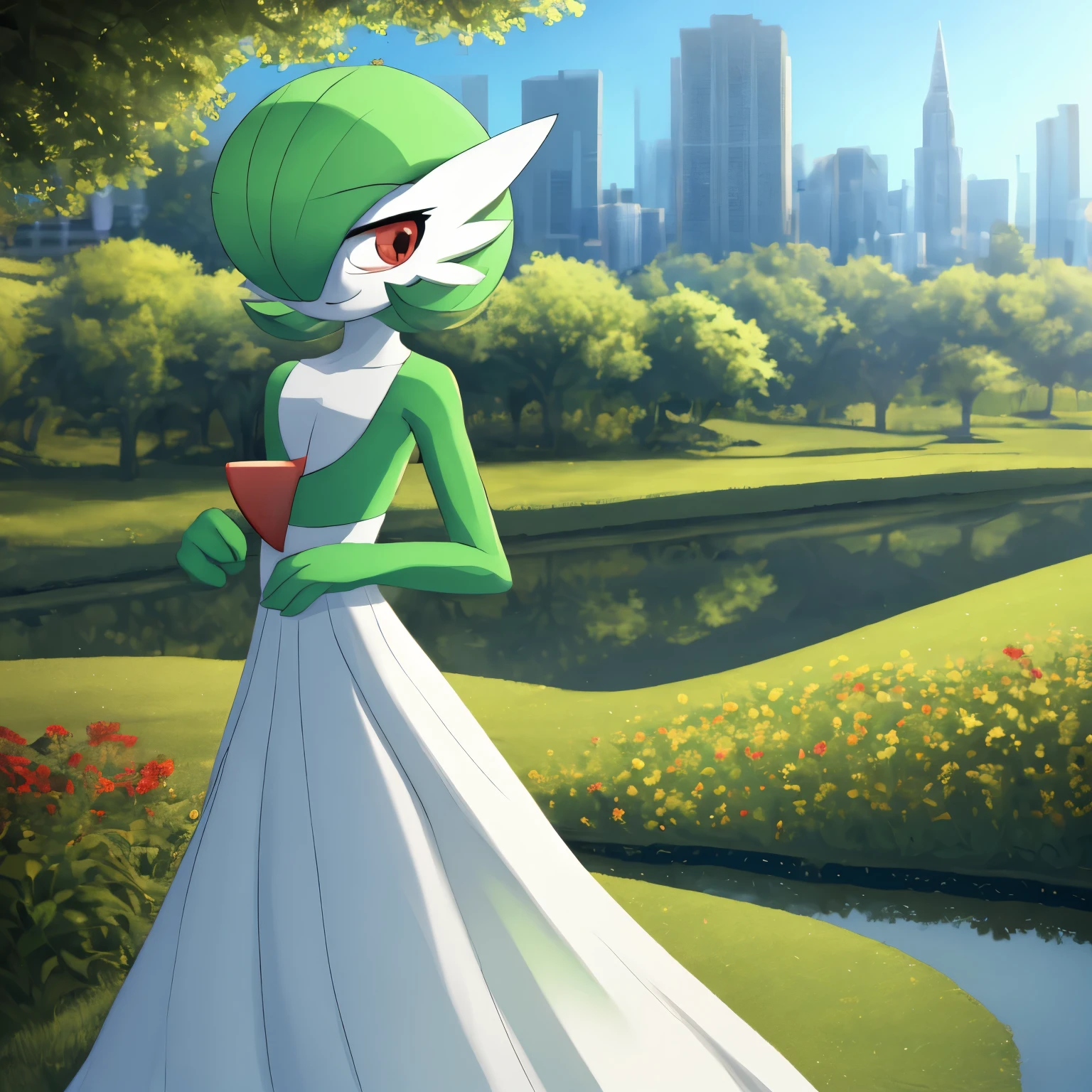 best quality, Gardevoir, pokemon, 1girl, solo, short height, red eyes, green hair, beautiful, small mouth, wink, slim, cute, slender body, looking at viewer, blurry background, outdoors, city, half body, long dress, white dress, slim, ((masterpiece)), best quality, 4k, cinematic lighting, ray tracing, reflected light, panorama, flat chest, high detailed illustration, high detailed background, hi-res, pokemon \(creature\), slim legs, small feet, white legs, cute expression