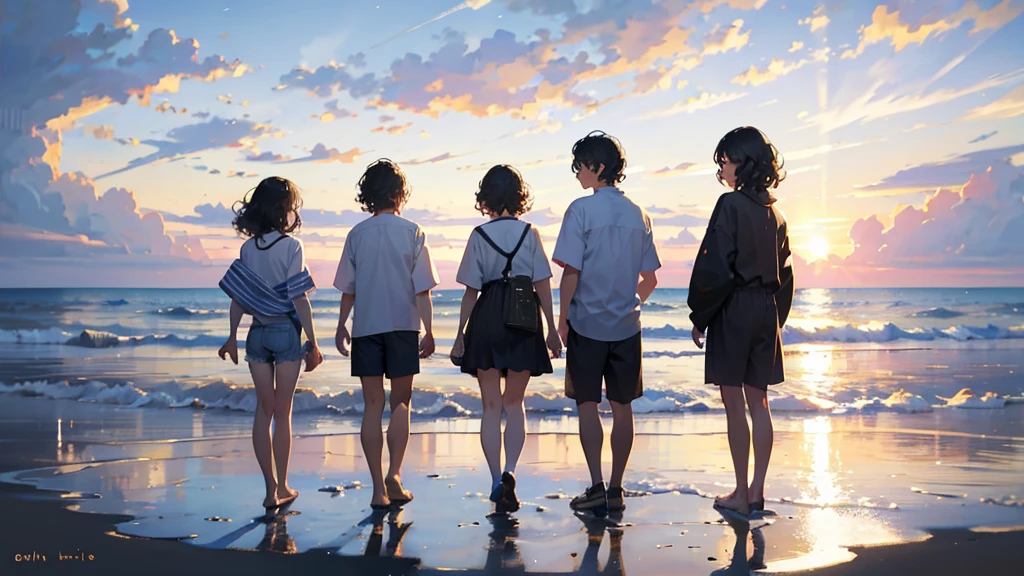 back view of five people watching sunset. First, boy has big body, kinda short and has straight hair, second is girl who's kinda short also, black and curly hair, 3rd is a boy that has mid-curly hair, tall, wearing white shirt, 4th is a girl, short, has wavy-dark hair wearing a cute outfit and lastly, a girl who's straight hair, wearing a fitted cloth.