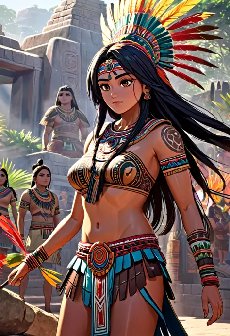 accurate, detailed and vivid depiction of ancient Aztec civilization and Mexico), beautifully rendered woman in traditional atti...