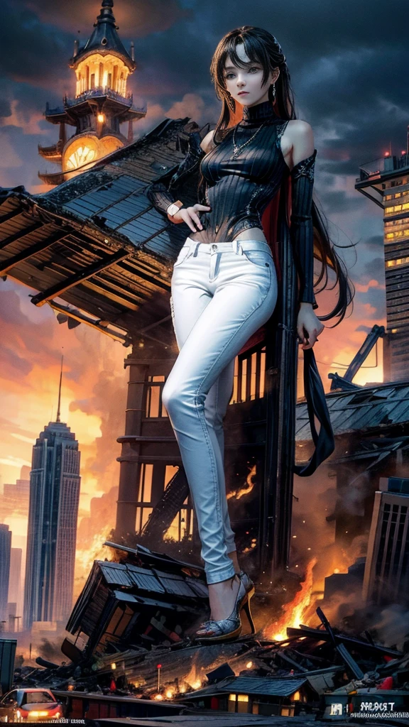 (32k, High resolution, highest quality, masterpiece, 超High resolution), ((Giantess Elements, Typhoon heavy rain)), From above, Perfect dynamic composition:1.2, (Modern city at night, Expressions of sadness:0.7), Highly detailed skin and facial textures:1.2, (Towering Giant Young Woman:1.0, Higher than skyscrapers:1.0, 65,000 feet high:1.0, Incredibly slim body:1.0), Fair skin, Sexy beauty, Very beautiful face, , Water droplets on the skin, (The rain drips down on my body:0.5, Wet body:0.5, Wet Hair:0.5), (Wet white linen pants:1.0, Wet White Turtleneck Sweater:1.0), Shapely breasts, Chest gap, Big eyes that exude beautiful eroticism, Lips that exude beautiful eroticism, necklace, Earrings, bracelet, wedding ring, Shoulder bag, clock, ribbon, High heels, Full body portrait, ((Destroy a small city, Burning Small Town, rubble, Destroyed small building, Collapsed highway, Evacuated Residents)), (Major impact, Emphasizing the majesty and power of giants, Increase the destructive element, Lower the building, Making cities smaller)