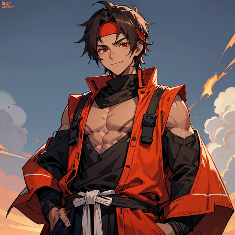 A tall, rather tanned, lean man who looks about 18. He is wearing a black shinobi outfit, and has a black headband. He has long, light brown hair that goes down to his shoulders and is rather messy. He has bright red eyes. He has a chill, relaxed smile on his face. His hands are in his pockets.