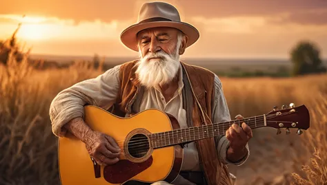 ((best quality)), ((masterpiece)),(detail), perfect face, full body shot of a old man playing guitar, clear face, clear guitar, ...