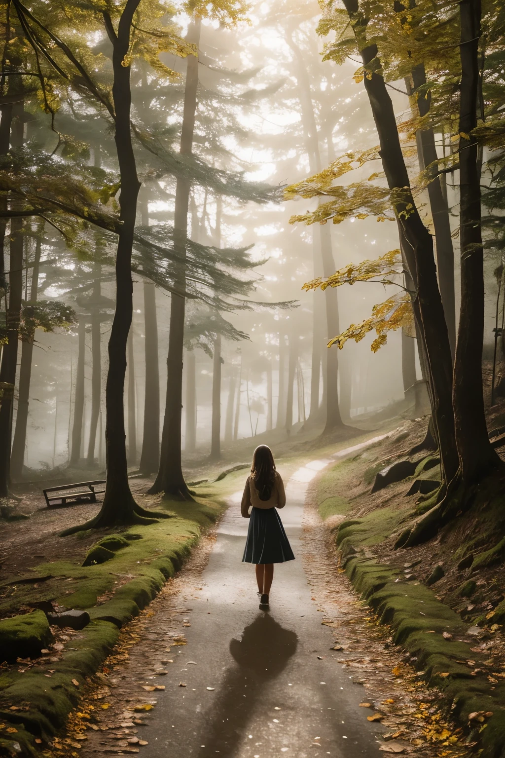 A girl walking in a path through the woods, fog, autumnal landscape, sunlight filtering through the fog and branches, [oil painting] texture, detailed foliage, fallen leaves on the ground, moss-covered rocks, soft sunlight illuminating the girl's face, long shadows stretching across the path, vibrant colors, realistic rendering, vivid hues, bokeh effect, [highres] image, intricate details on the girl's dress, serene atmosphere, [photorealistic:1.37] aesthetics, peaceful ambiance, misty surroundings, tranquil scene, natural lighting, enchanting and dream-like quality, captivating beauty.