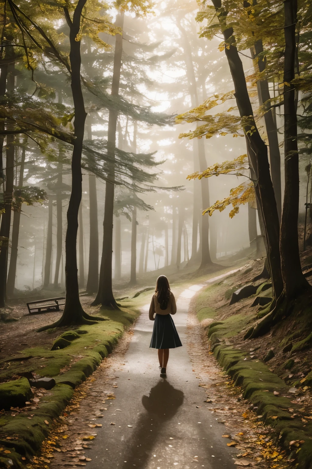 Une fille marchant dans un chemin à travers les bois, brouillard, paysage automnal, sunlight filtering through the brouillard and branches, [peinture à l&#39;huile] texture, feuillage détaillé, feuilles tombées au sol, rochers couverts de mousse, la douce lumière du soleil illuminant le visage de la jeune fille, de longues ombres s&#39;étendent sur le chemin, couleurs vives, rendu réaliste, des teintes vives, effet bokeh, [haute résolution] image, détails complexes sur la robe de la fille, atmosphère sereine, [Photoréaliste:1.37] esthétique, ambiance paisible, environnement brumeux, scène tranquille, éclairage naturel, qualité enchanteresse et onirique, beauté captivante.