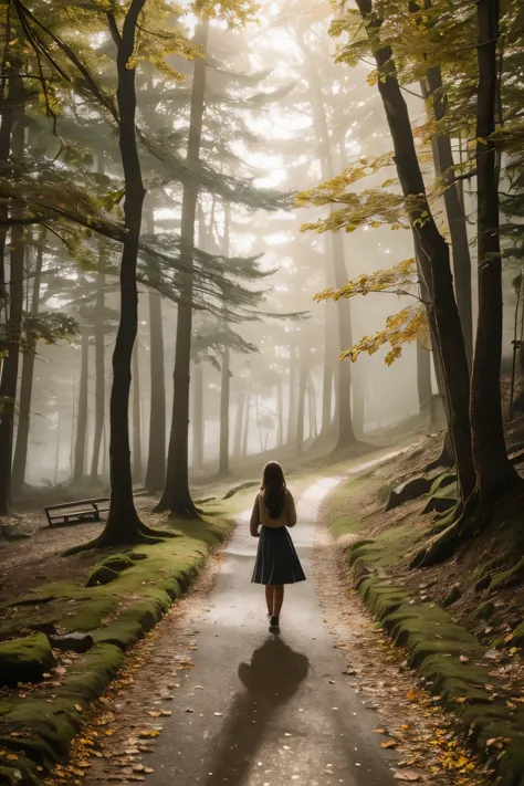 A girl walking in a path through the woods, fog, autumnal landscape, sunlight filtering through the fog and branches, [oil paint...