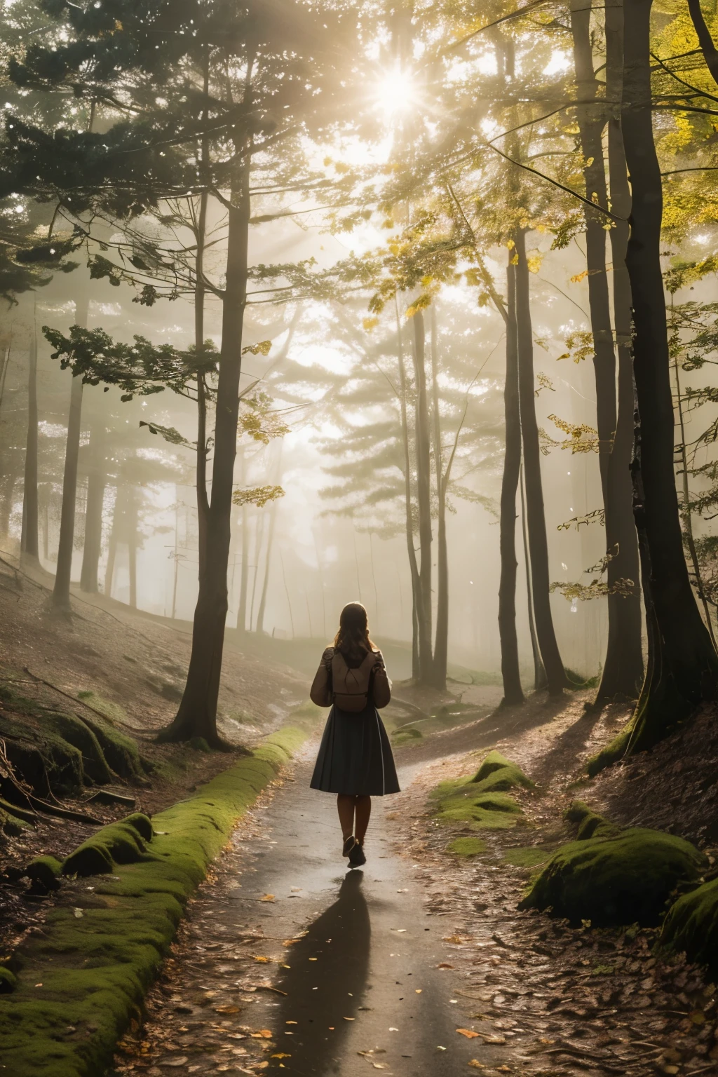 A girl walking in a path through the woods, fog, autumnal landscape, sunlight filtering through the fog and branches, [oil painting] texture, detailed foliage, fallen leaves on the ground, moss-covered rocks, soft sunlight illuminating the girl's face, long shadows stretching across the path, vibrant colors, realistic rendering, vivid hues, bokeh effect, [highres] image, intricate details on the girl's dress, serene atmosphere, [photorealistic:1.37] aesthetics, peaceful ambiance, misty surroundings, tranquil scene, natural lighting, enchanting and dream-like quality, captivating beauty.