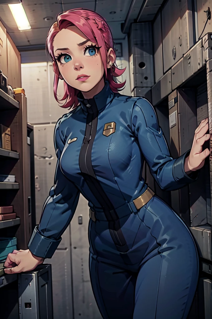 Mayl Sakurai reimagined as a vault dweller, doing maintenance in an underground vault. Her vibrant pink hair stands out against the dimly lit environment. She is a 26-year-old woman dressed in a vault dweller jumpsuit, indicative of her role in the post-apocalyptic world. The jumpsuit is worn but still functional, reflecting the harsh conditions of life underground. Her face is beautifully detailed, with expressive eyes that convey determination and intelligence. Her lips are also well-defined, adding to her overall allure.

In the vault, Mayl Sakurai is seen operating a pipboy, a wrist-worn device that serves as an essential tool and information hub for survival in the vault. The pipboy's screen emits a soft glow, illuminating Mayl's face and casting a subtle green hue on the surroundings. The details on the pipboy, from its buttons to its display, are extremely detailed, showcasing its futuristic design.

The underground vault is filled with mechanical equipment and pipes, emphasizing the importance of maintenance in this post-apocalyptic world. The atmosphere is gritty and industrial, with a hint of mystery and danger. The lighting is dim and has a hint of blue tones, enhancing the underground ambiance.

Despite the grim surroundings, Mayl Sakurai exudes confidence and strength as she jumps into action, ready to fulfill her duties as a vault dweller. Her posture and expression suggest that she is prepared to face any challenge that comes her way.

The image quality should be at its best, with 4K resolution and ultra-detailed rendering, capturing every intricate detail of the scene. The colors should be vivid, emphasizing the contrast between Mayl's vibrant pink hair and the dimly lit environment. The overall style should lean towards a post-apocalyptic concept art aesthetic, blending realism with a touch of fantasy.

In summary, the Stable Diffusion prompt for the provided theme would be:
Mayl Sakurai reimagined as a vault dweller, doing maintenance in an undergr