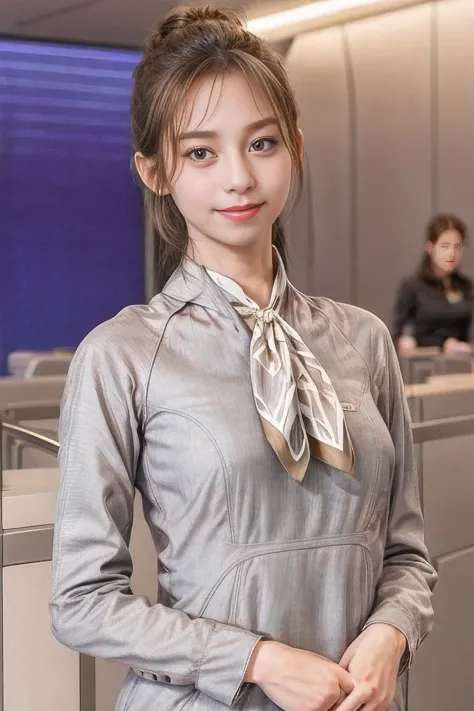 (masterpiece:1.2、highest quality:1.2)、32K HDR、High resolution、(alone、1 girl、Slim figure、A young woman aged 25)、（Realistic style with Starlux Airlines uniform）、 (In the airport lounge, Professional Lighting)、（Starlux Airlines silver uniform:1.4）、（Starlux Ai...