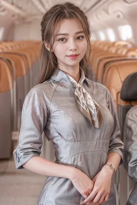 (masterpiece:1.2、highest quality:1.2)、32K HDR、High resolution、(alone、1 girl、Slim figure、A young woman aged 25)、（Realistic style with Starlux Airlines uniform）、 (In the airport lounge, Professional Lighting)、（Starlux Airlines silver uniform:1.4）、（Starlux Ai...