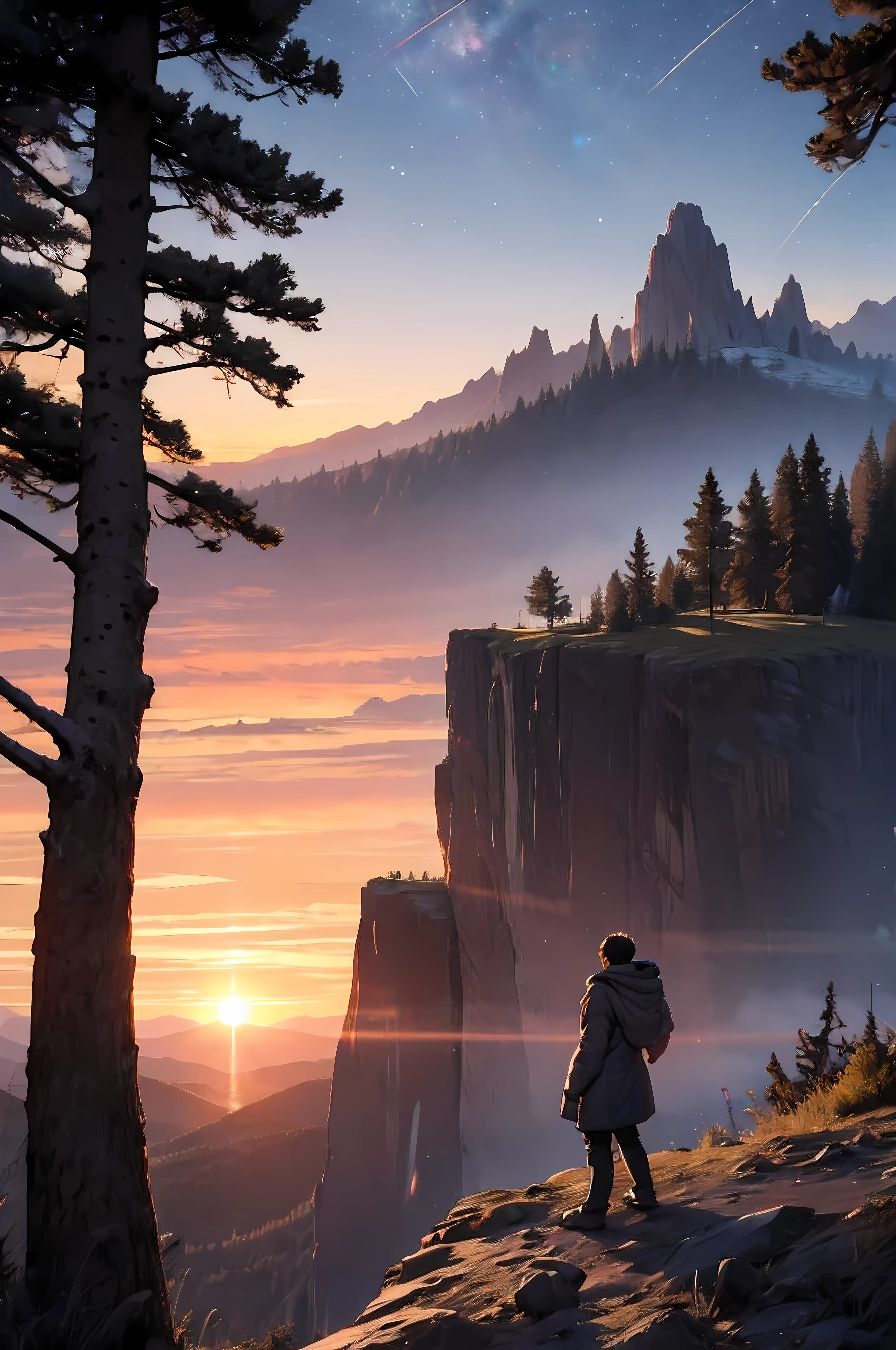 A black boy wearing a cold coat looking at the horizon surrounded by mountains in front of a cliff with an epic sunset and the sky full of twinkling stars surrounded by trees in high resolution best image quality very sharp details 