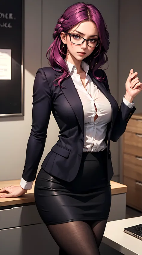 beautiful purple hair woman is shown to have a sexy figure, she is wearing a sexy office blazer with skirt and pantyhose, glasse...