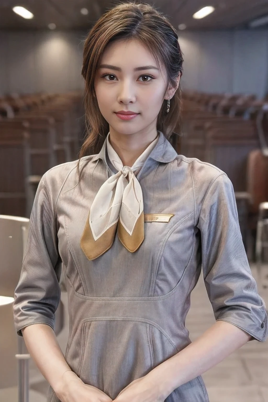 (masterpiece:1.2、highest quality:1.2)、32K HDR、High resolution、(alone、1 girl、Slim figure、tall、young woman)、（Realistic style with Starlux Airlines uniform）、 (In the airport lounge, Professional Lighting)、（Starlux Airlines silver uniform:1.4）、（Starlux Airlines silver uniform with short sleeves）、（scarf on chest）、Big Breasts、（Long hair updo、Long hair tied back in a chignon）、Dark brown hair、Long Shot、（（Fine hand：2.0））、（（Harmonious body proportions：1.5））、（（Normal limbs：2.0））、（（Normal finger：2.0））、（（Delicate eyes：2.0））、（（Normal eyes：2.0））)、Beautiful standing posture