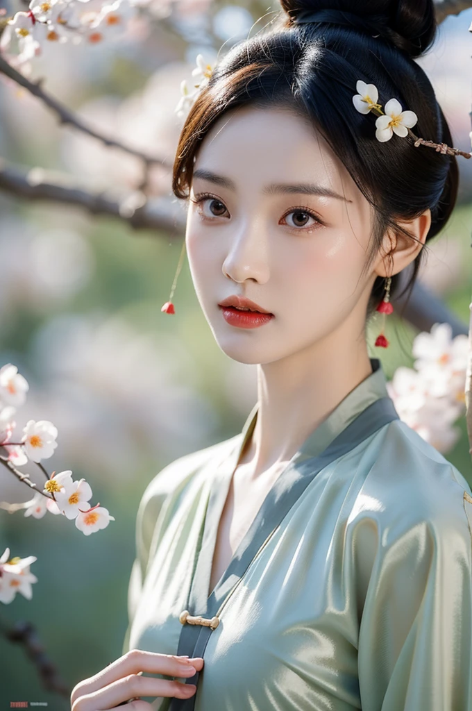 Suzhou gardens,1 sister, Clear facial features，The skin is real，Long gray hair,Solitary,Plum blossoms,black hair color,Branches,Upper part of the body,Practical,Chinese clothes,Delicate texture，complex patterns，Hair accessories,Vague background,Vague,careful,Hair Bun, photo, high resolution, 4K, 8k,