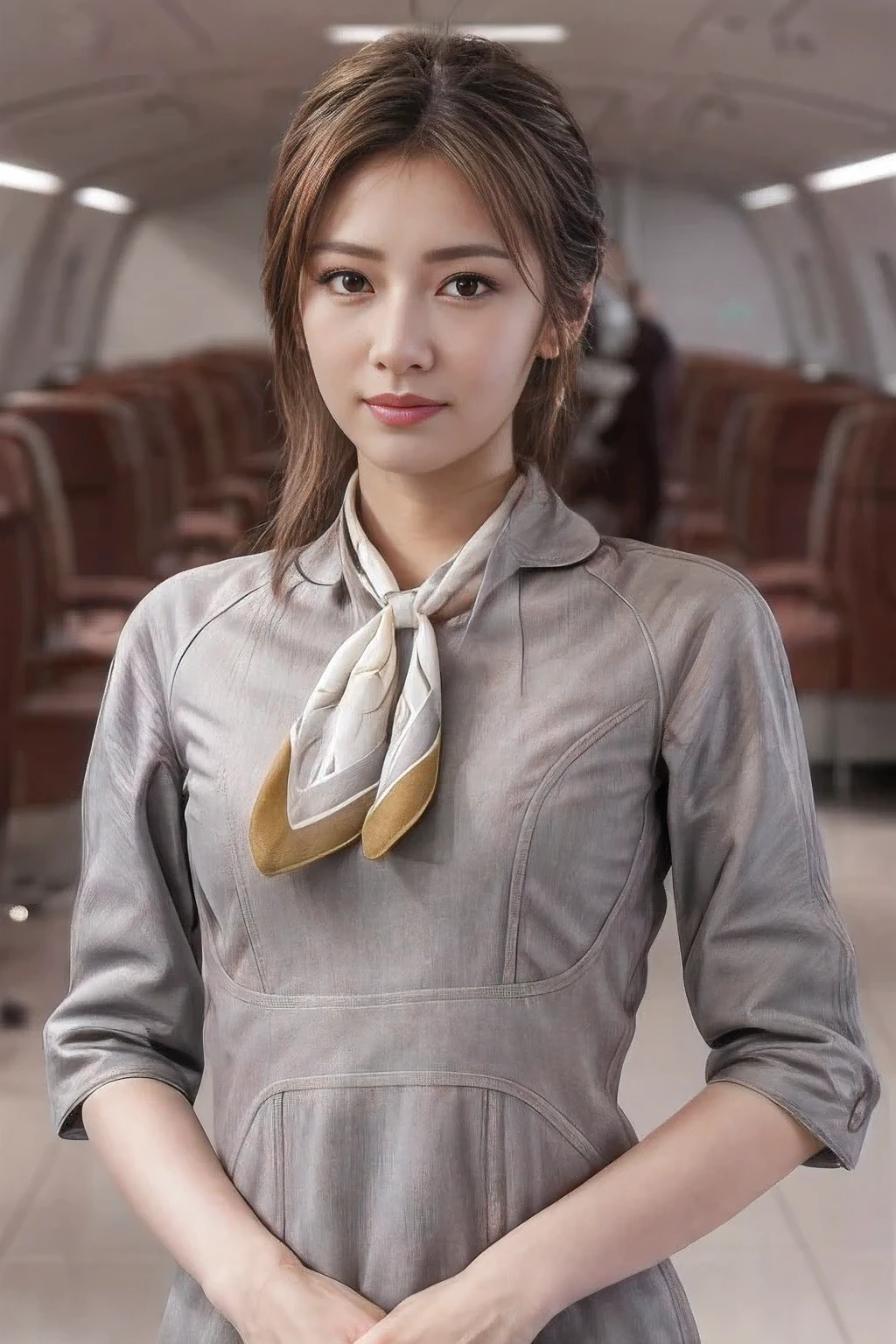 (шедевр:1.2、высшее качество:1.2)、32К HDR、Высокое разрешение、(один、1 девочка、Стройная фигура、высокий、молодая женщина)、（Реалистичный стиль с униформой Starlux Airlines）、 (В зале аэропорта, Профессиональное освещение)、（Серебряная униформа Starlux Airlines:1.4）、（Серебряная униформа Starlux Airlines with short sleeves）、（шарф на груди）、большая грудь、（длинные волосы прическа、Длинные волосы собраны в шиньон）、темно-коричневые волосы、дальний план、（（Тонкая рука：2.0））、（（Гармоничные пропорции тела.：1.5））、（（Нормальные конечности：2.0））、（（Нормальный палец：2.0））、（（нежные глаза：2.0））、（（Нормальные глаза：2.0））)、красивая осанка стоя