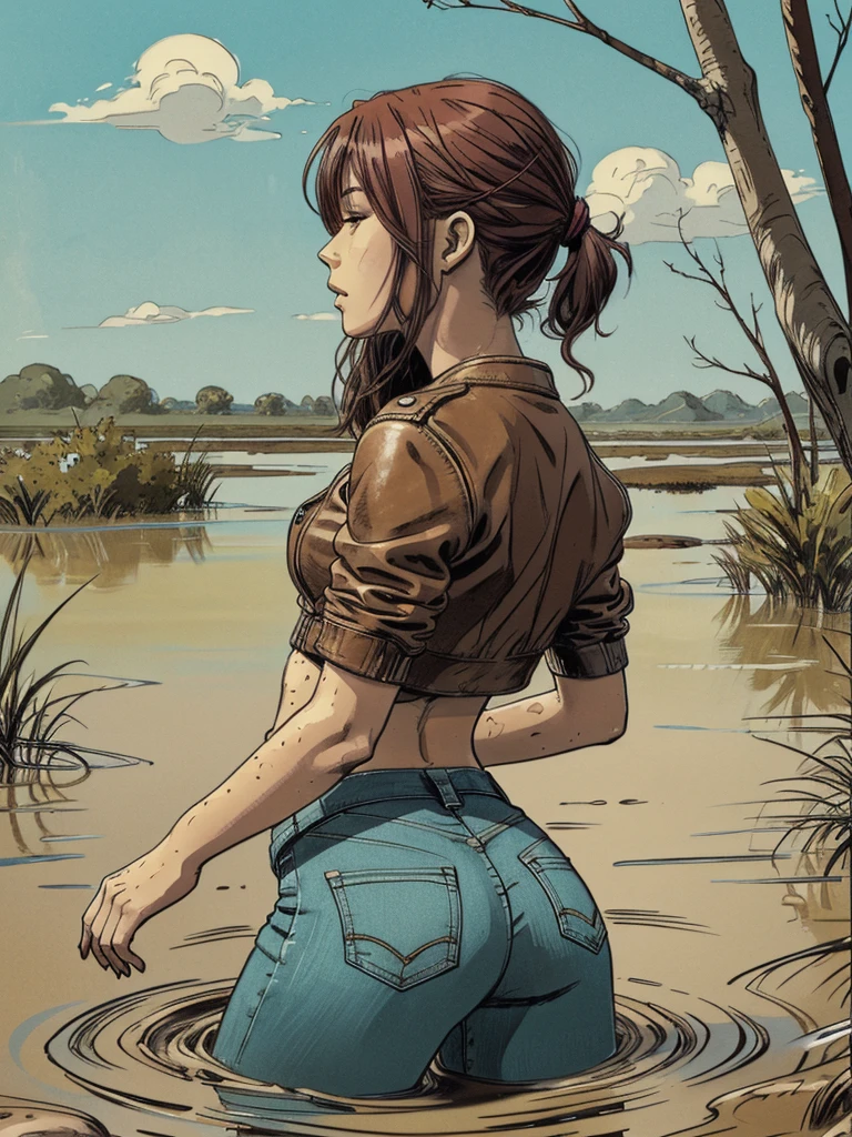 vector image, 2d cartoon,masterpiece,night:1.4, close-up portrait, An anime woman,colored hair, leather biker jacket:1.1, provocative seductive pose, touches herself in sensually places,(drowning herself in the middle quicksand swamp:1.2), quicksand pulled her down waist-deep:1.4, crop-top,jeans,red, sky, from side view